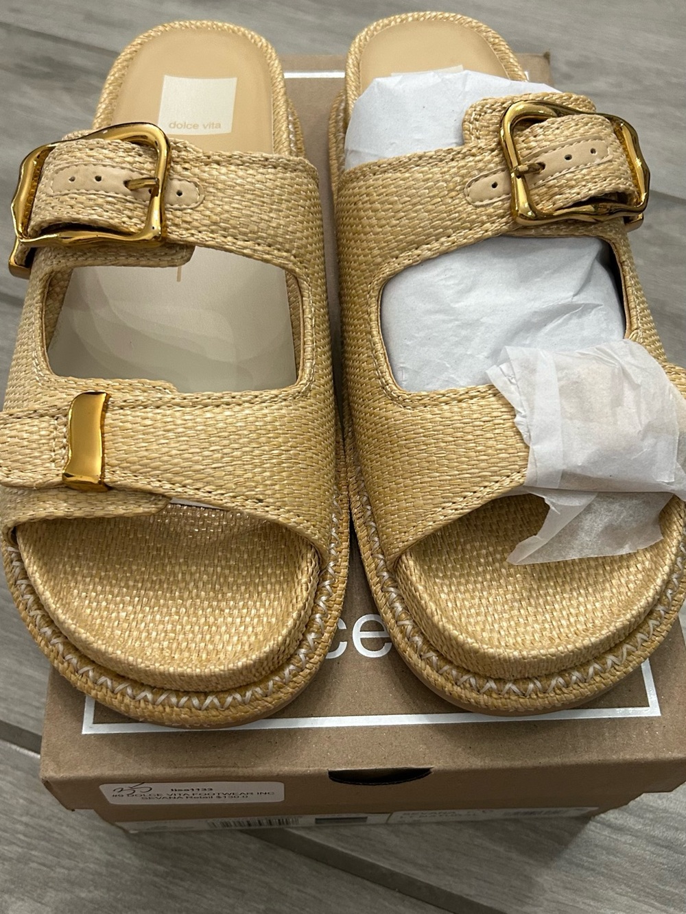 Dolce Vita Natural Straw Raffia Slide Sandals with Gold Buckles